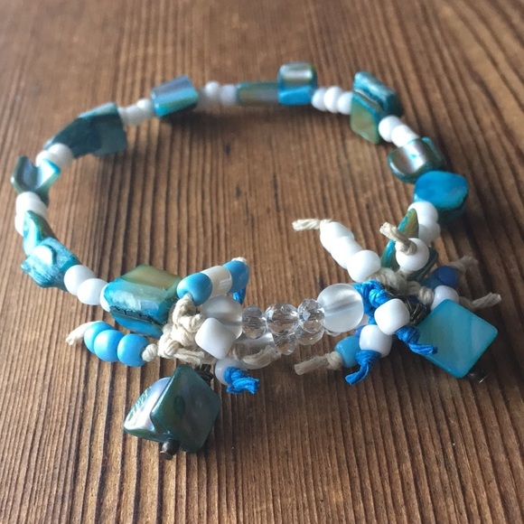 Handmade Jewelry - Blue and White Beaded Bangle Bracelet, Handmade Ladies Bracelet, Blue …